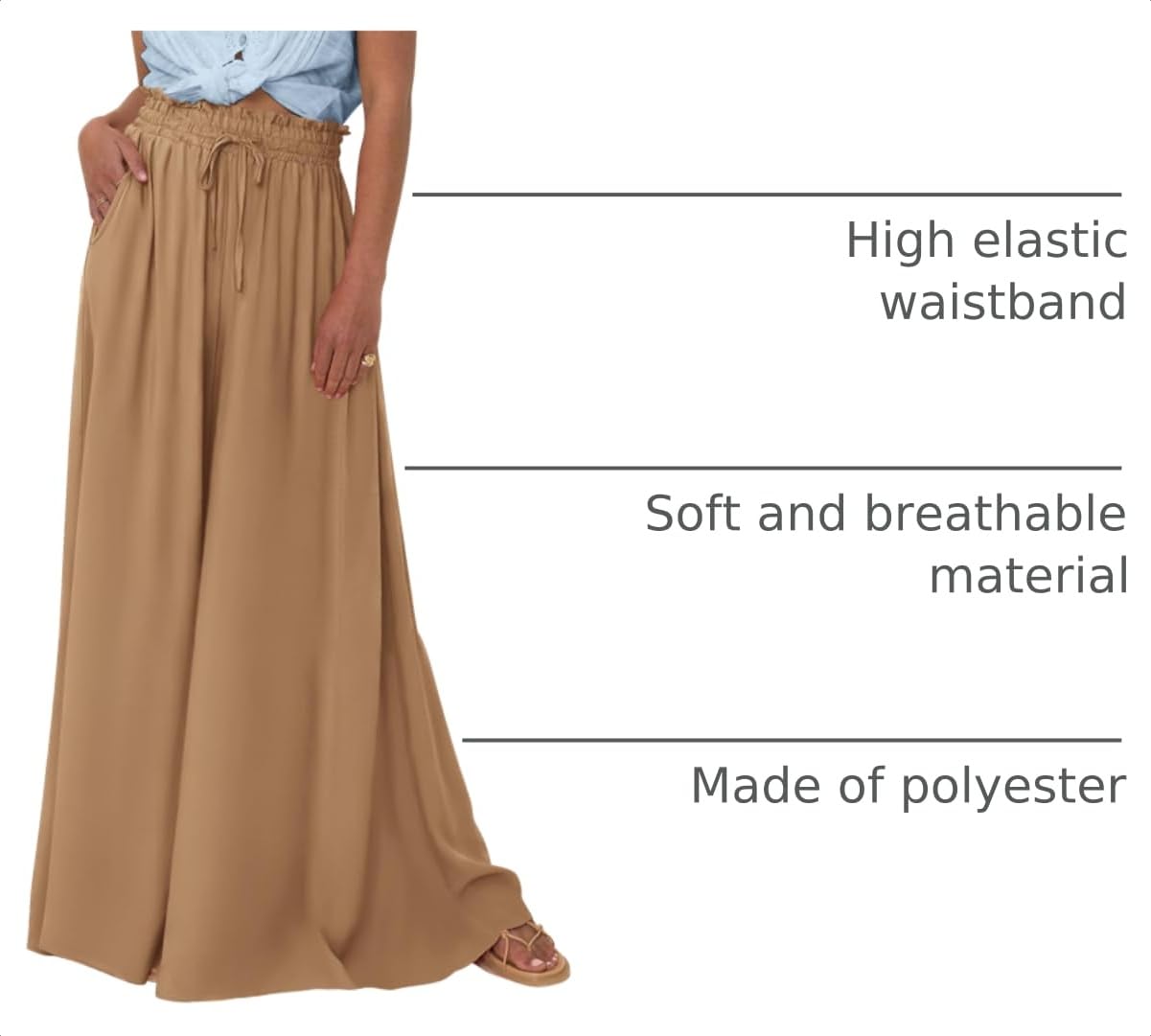 Summer Wide Leg Palazzo Pants for Women Casual,Khaki,S