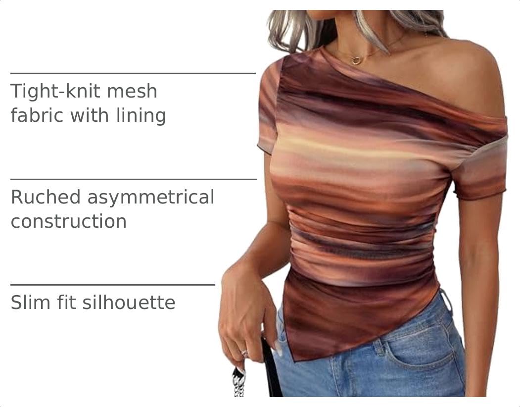 Mesh Off The Shoulder Tops for Women,Floral Brown,XS