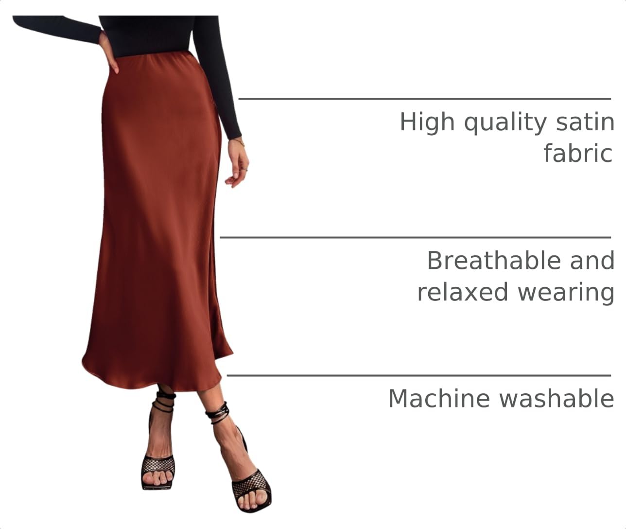 Women's Satin Skirts Dressy Casual 2025 Fall High Waisted Cocktail Wedding Flowy Elegant A Line Midi Skirt (Brown,Small)