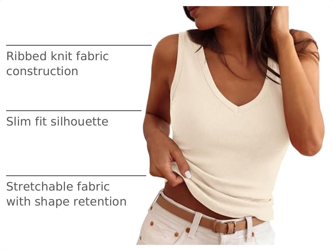 V Neck Tank Tops for Women Ribbed Knit Beige,XS