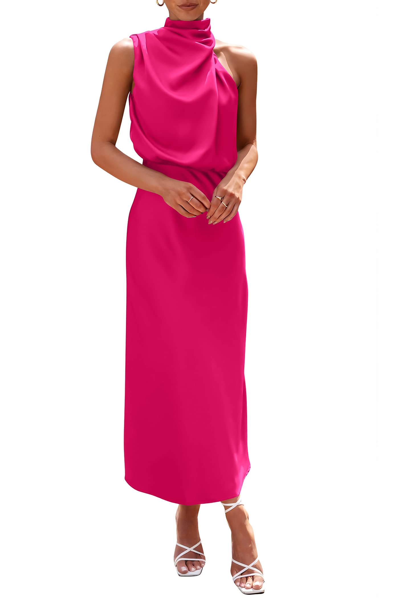Women's Summer Satin Maxi Cocktail Dress Rose Red