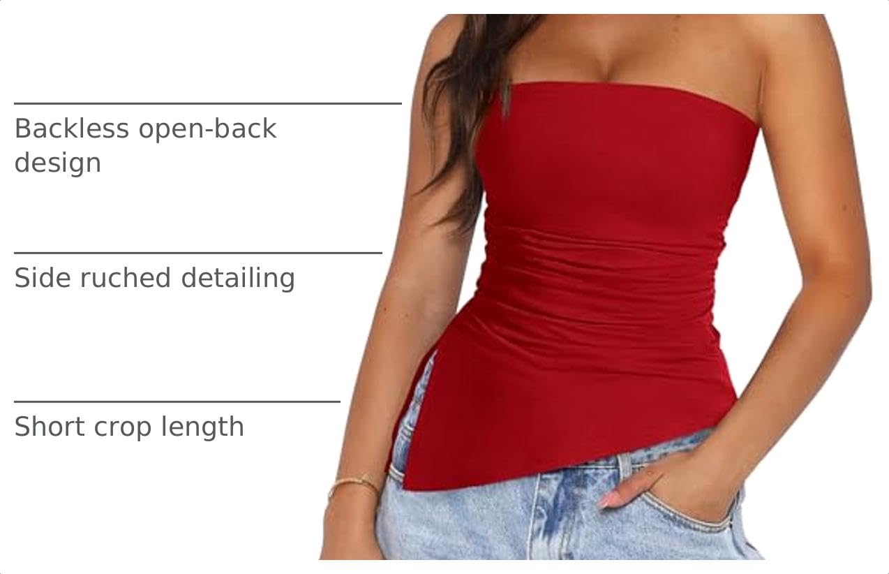 Women's Ruched Asymmetrical Strapless Tube Top, Red,M