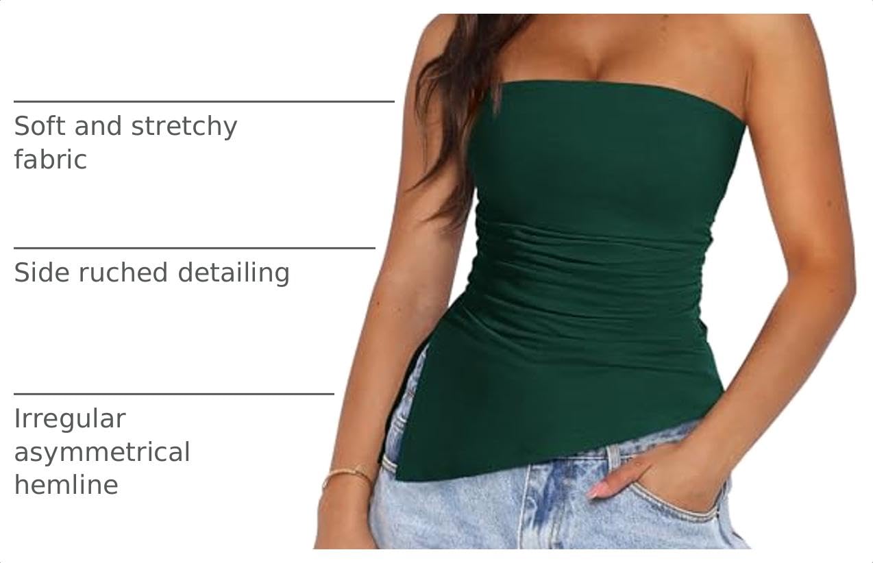 Women's Ruched Asymmetrical Strapless Tube Top, Dark Green,S