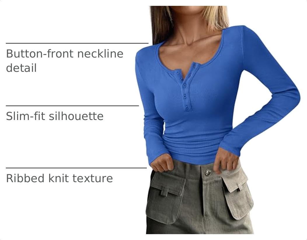 Women's Fall Long Sleeve Henley T Shirts Royal Blue