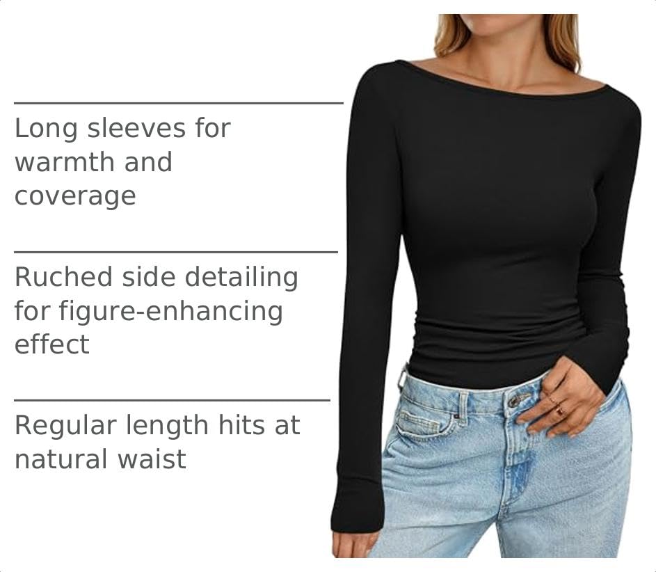 Long Sleeve T Shirts for Women Basic Ribbed Boat Neck Tops