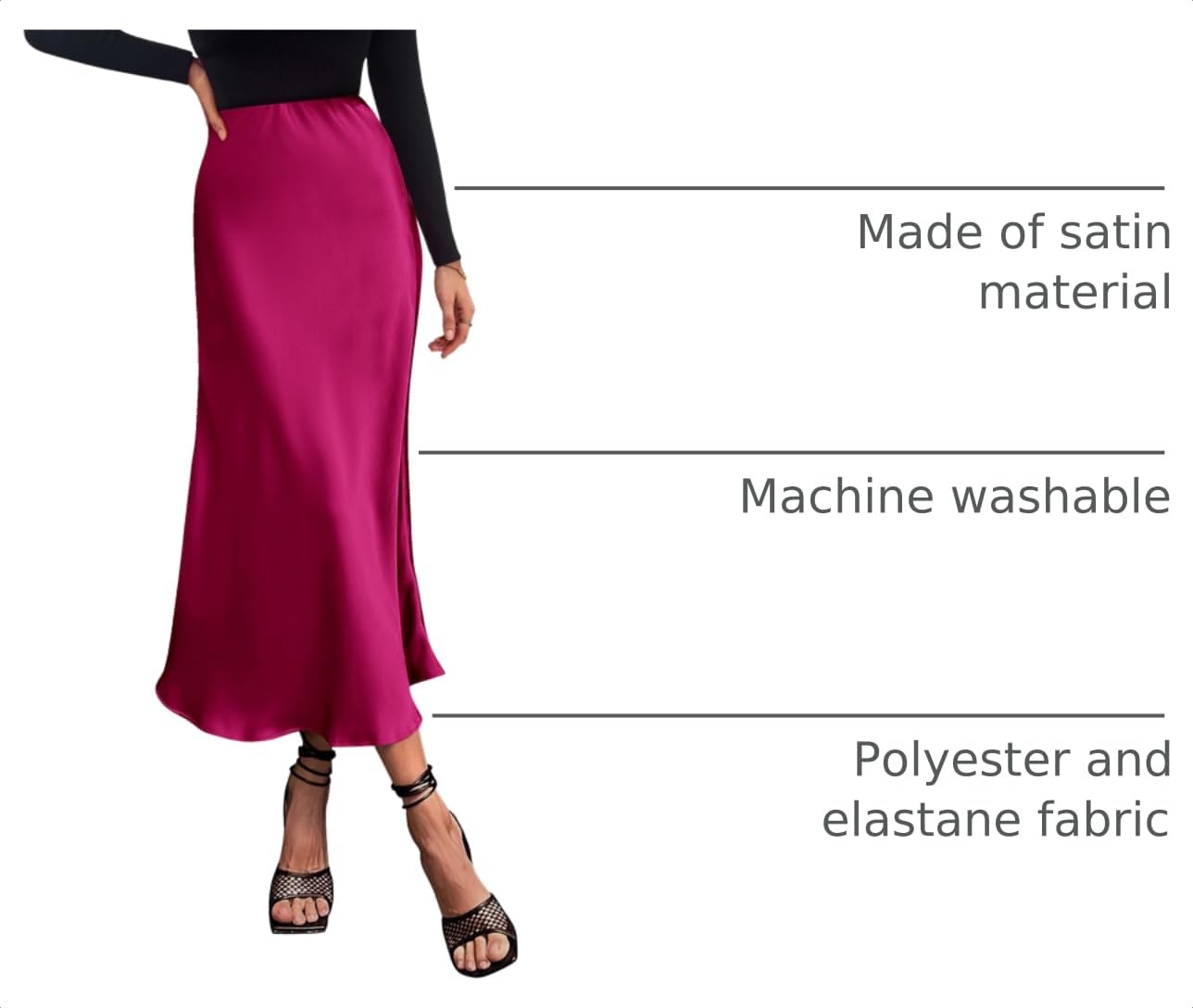 Women's Satin Midi Skirts Dressy Casual,Rose Red,S