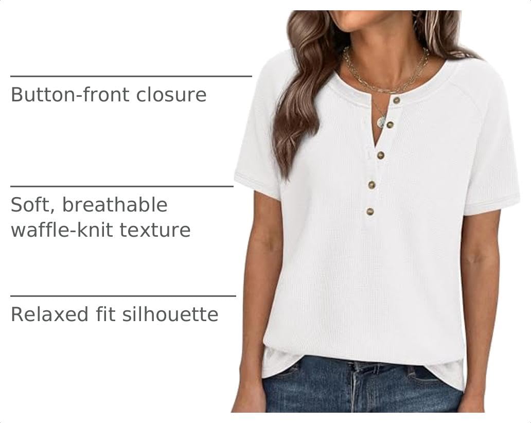 Women's Short Sleeve Waffle Knit Henley Shirts, White,S
