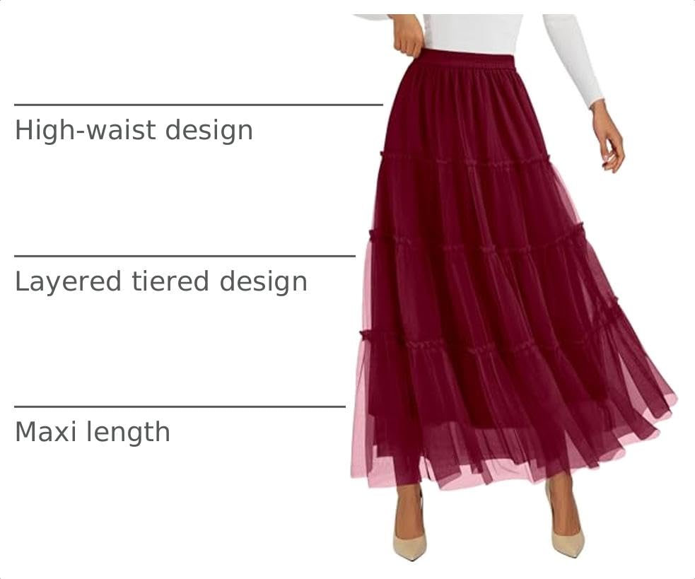 Women's Fall Soft Tulle Tiered Long Skirt,Burgundy,S