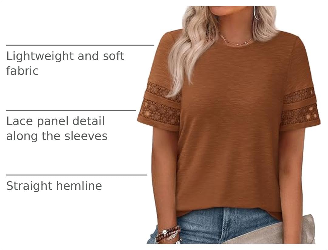 Women's Summer Short Sleeve Lace Trim T-Shirts,Caramel,S