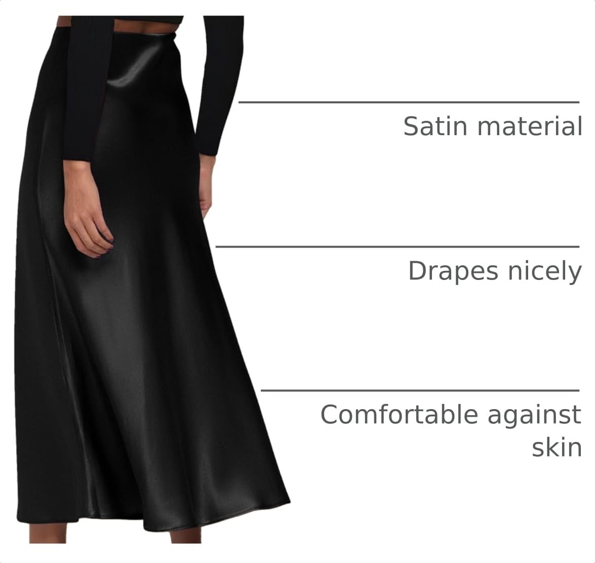 Women's Satin Midi Skirts Dressy Casual,Black,S