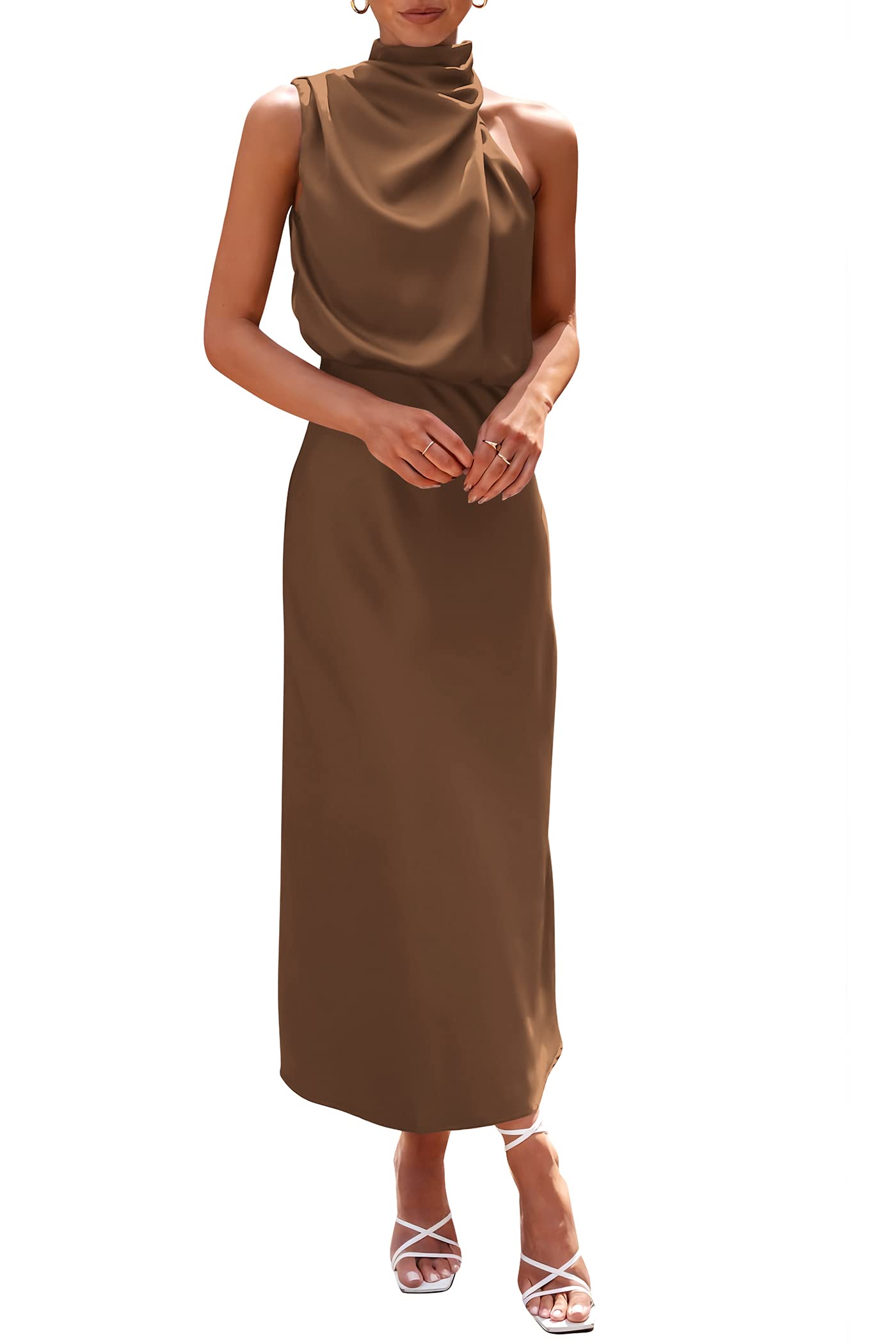 Women's Summer Satin Maxi Cocktail Dress Khaki