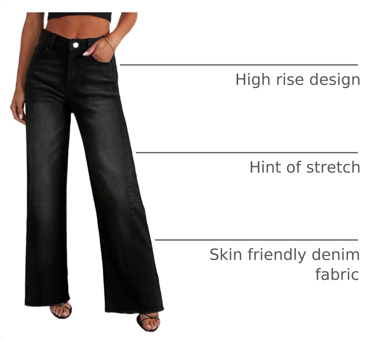 Women's Wide Leg Jeans Raw Hem Denim Pants,Black,4