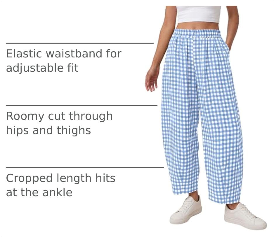 Plaid Barrel Pants Women Summer Bottoms, Light Blue Plaid,S