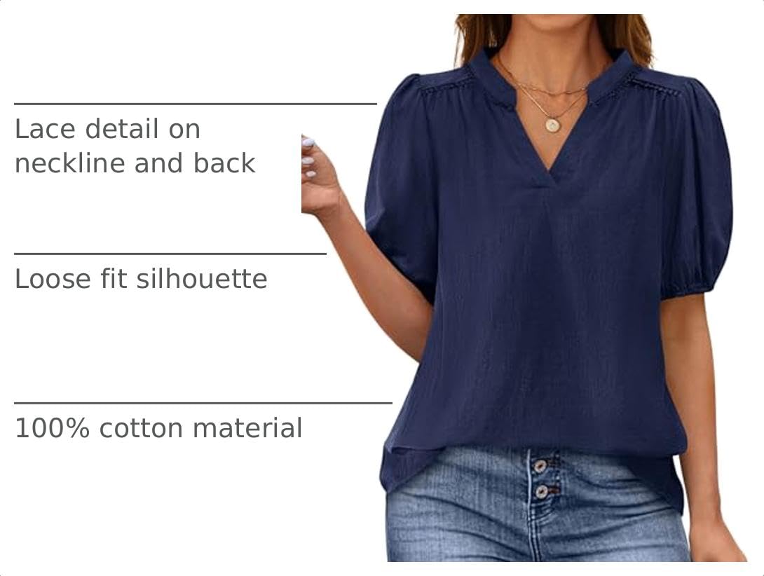 Womens Short Puff Sleeve V Neck Blouses,Navy,S
