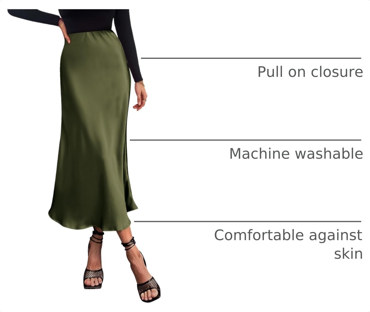 Women's Satin Midi Skirts Dressy Casual,Light Army Green,S
