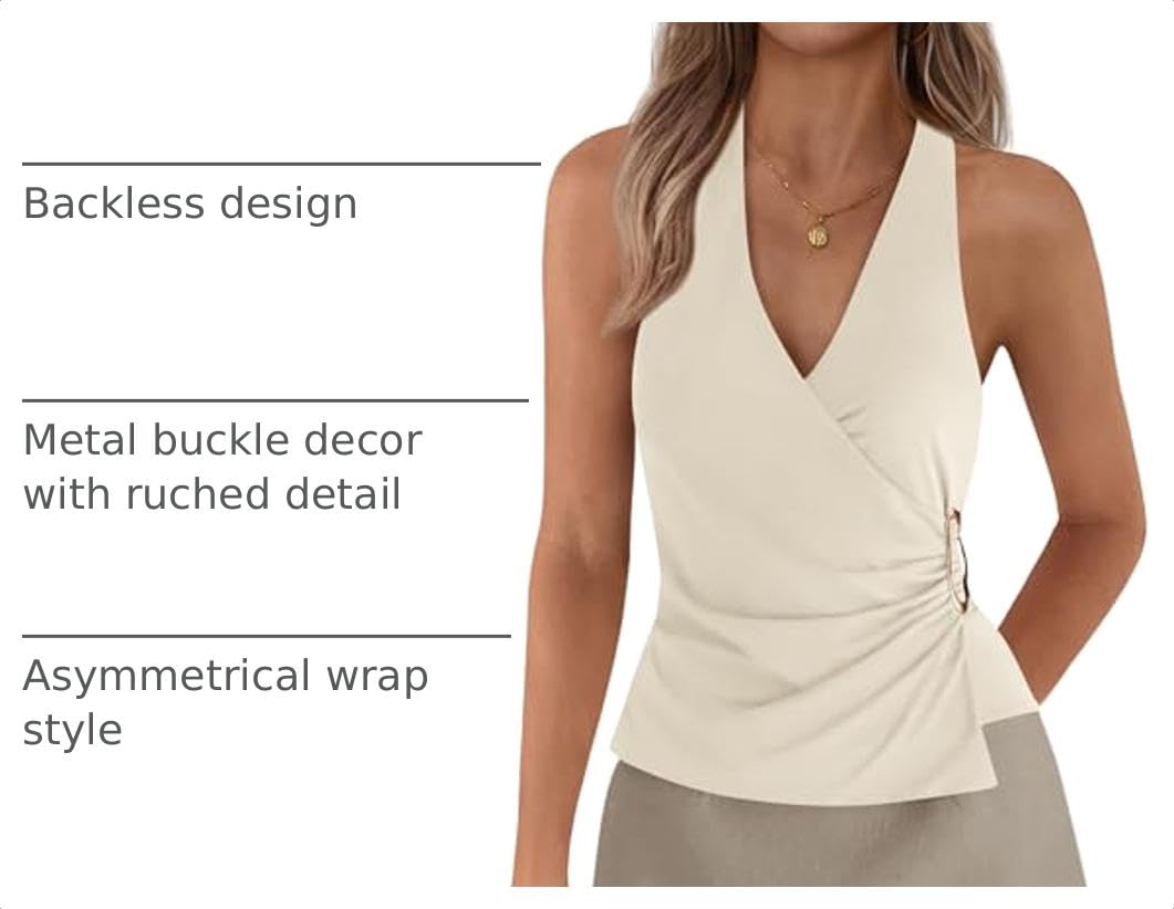 Sleeveless Vneck Tie Halter Tops for Women,Beige,S