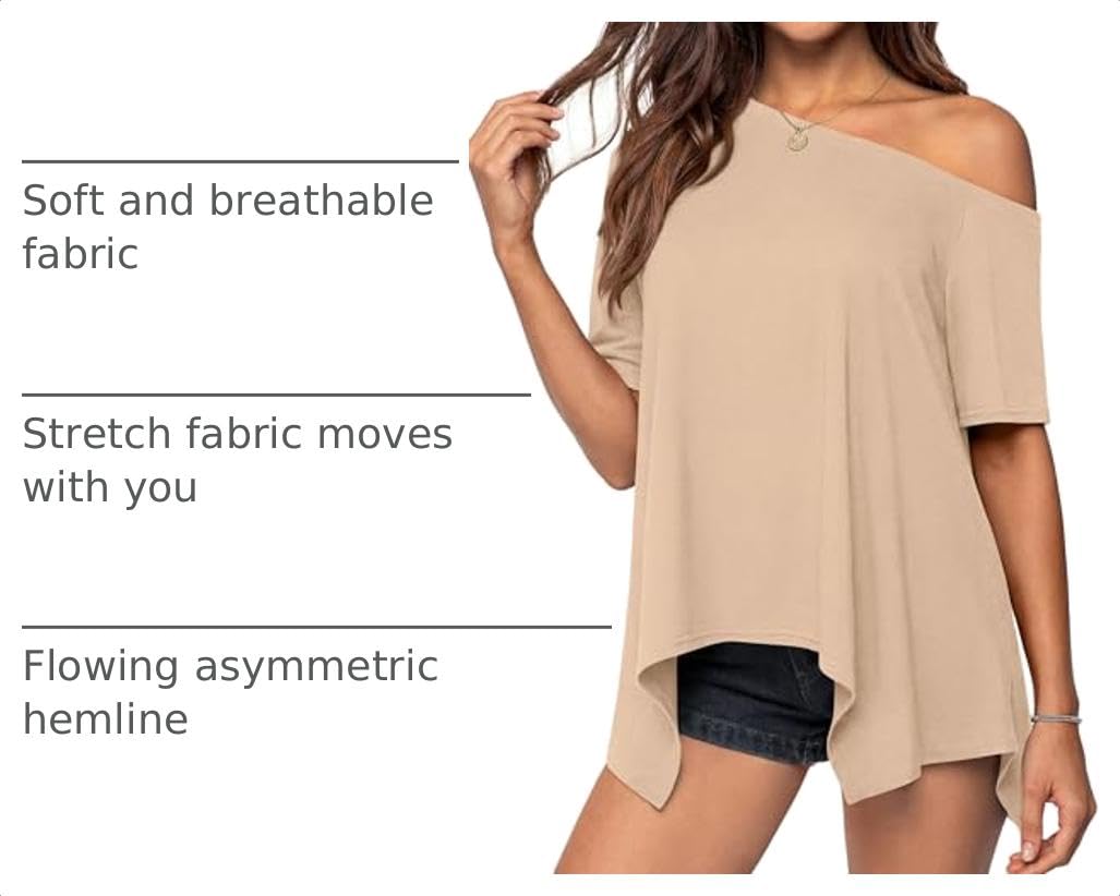 Off Shoulder Tops for Women Oversized Tshirts, Beige,M