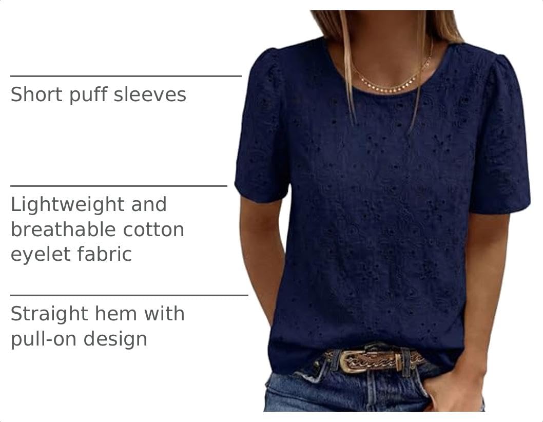 Women's Embroidered Eyelet Short Sleeve Blouse, Navy Blue,XS