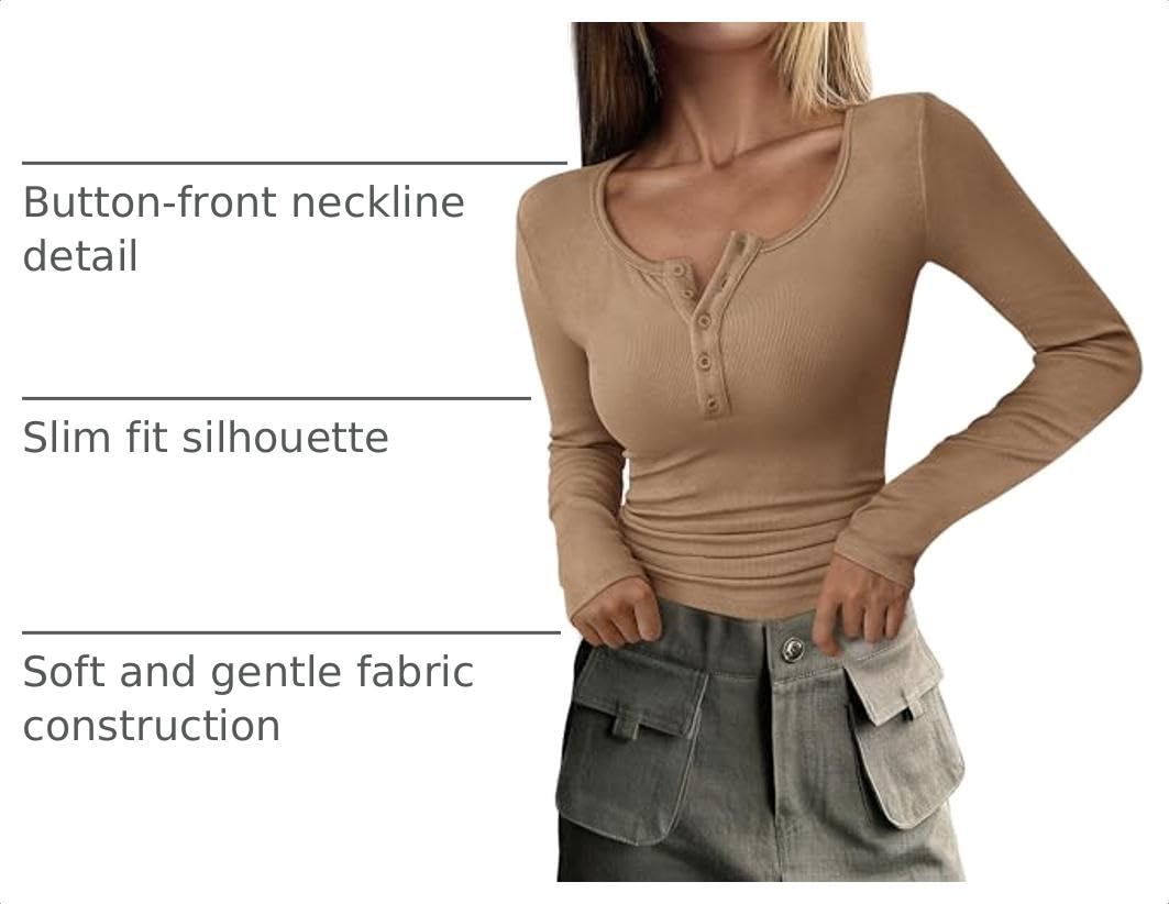 Women's Fall Long Sleeve Henley T Shirts Light Khaki