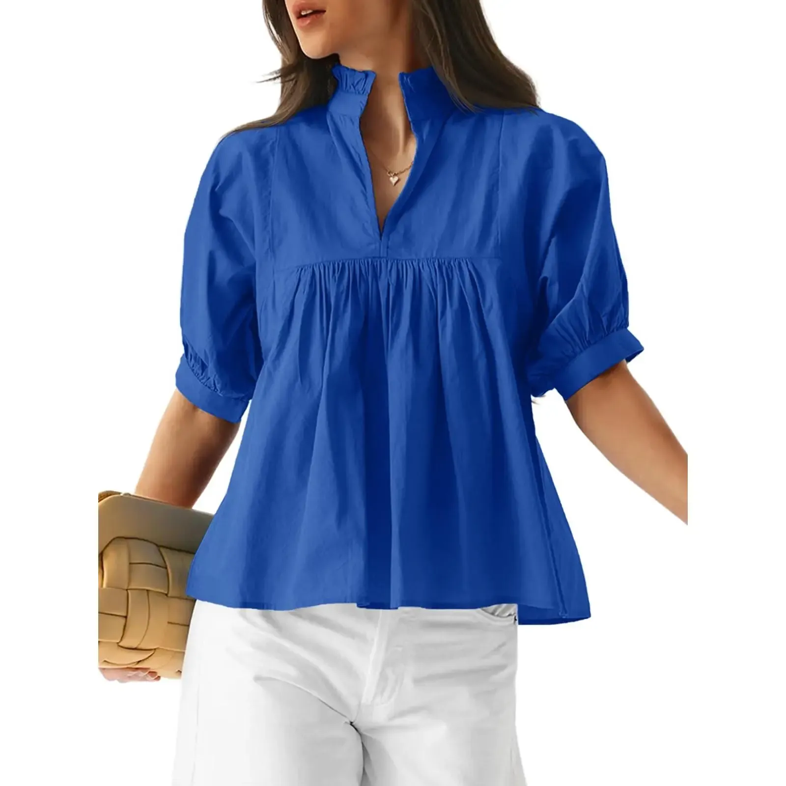 Womens V Neck Puff Sleeve Blouse Babydoll Peplum Tops Dressy Casual Pleated Loose Fit Shirts