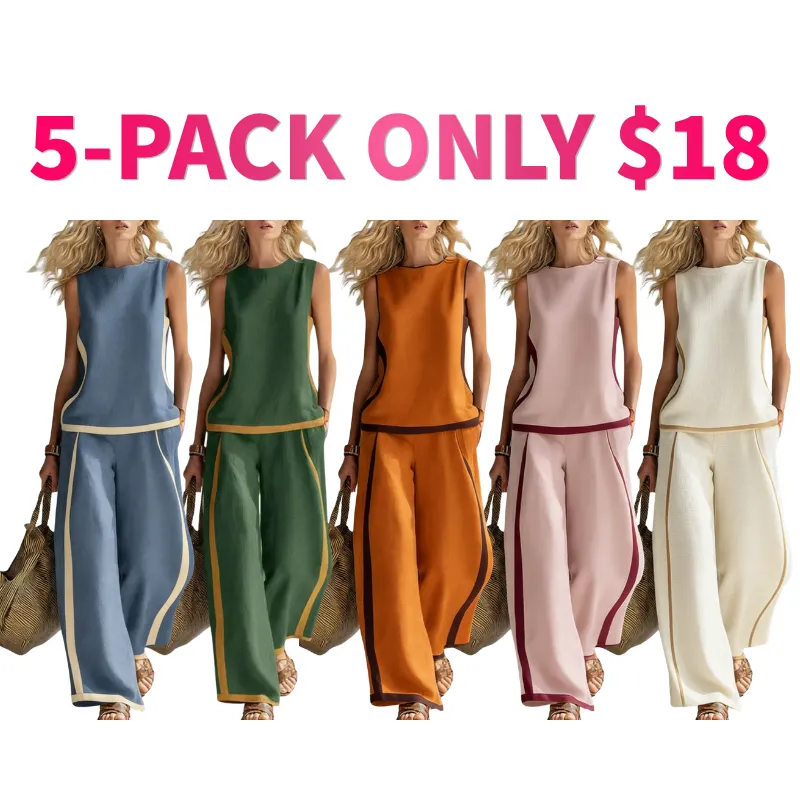 Linen Blend Women Sleeveless Color Block Top Wide Leg Pants Set