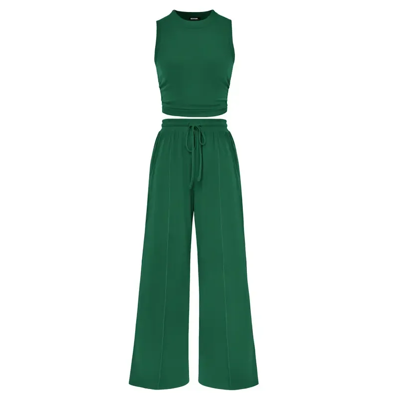 🔥Women's 2-Piece Outfits - Ribbed Knit Crew Neck Sleeveless Cropped Top & Wide Leg Pants Lounge Set