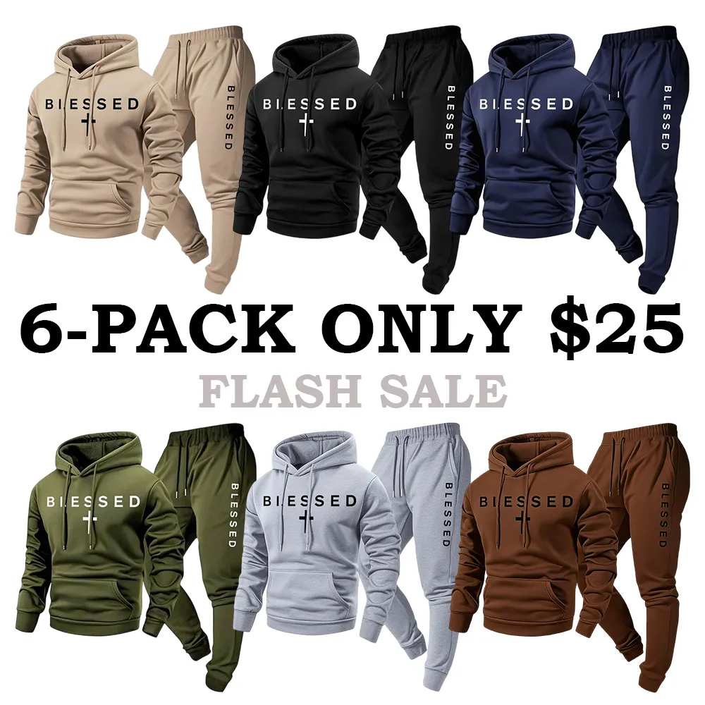 Blessed Cross Letter Print Hoodie & Drawstring Sweatpants Set