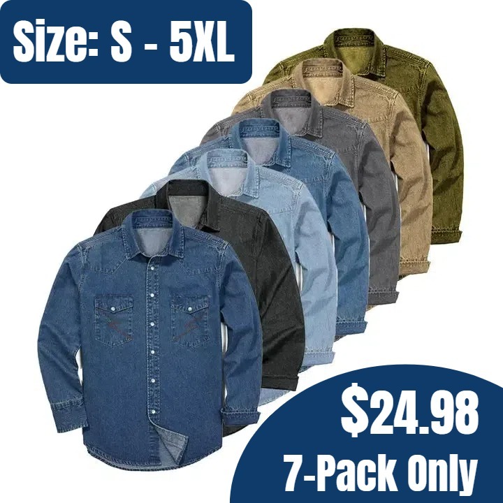 ✨Hot Sale✨Men's Long Sleeve Stone-Washed and Pre-Washed Denim Work Shirt