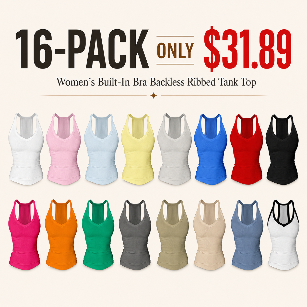 ⚡FINAL SALE⚡ Women’s Built-In Bra Backless Ribbed Tank Top