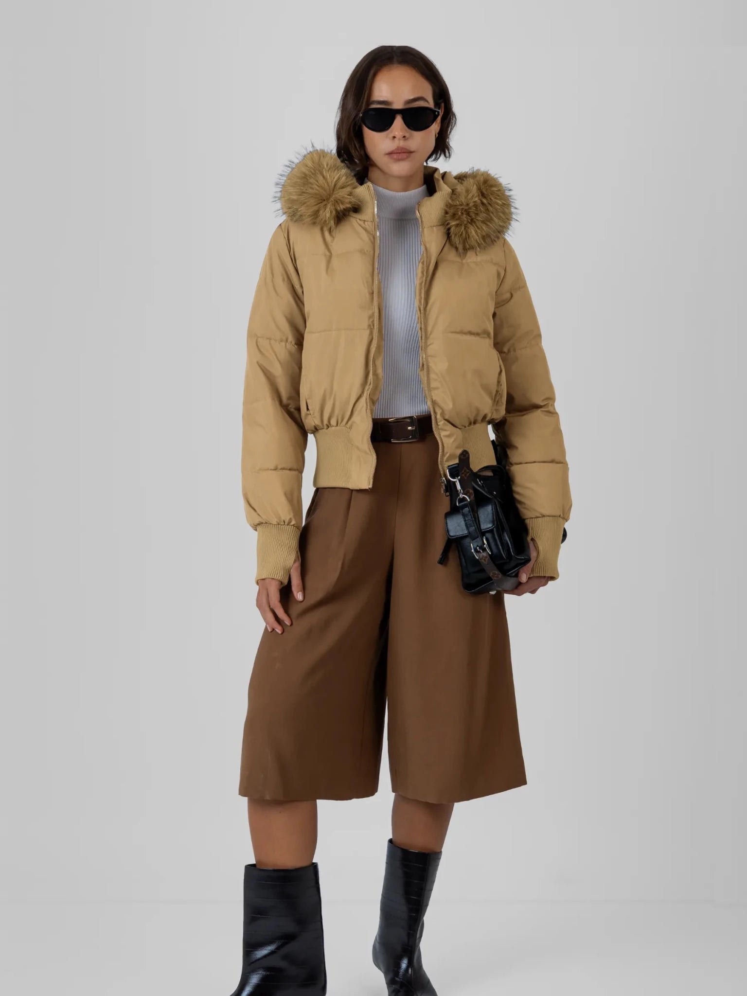 Faux Fur Lined Puffer Bomber With Detachable Hood Trim