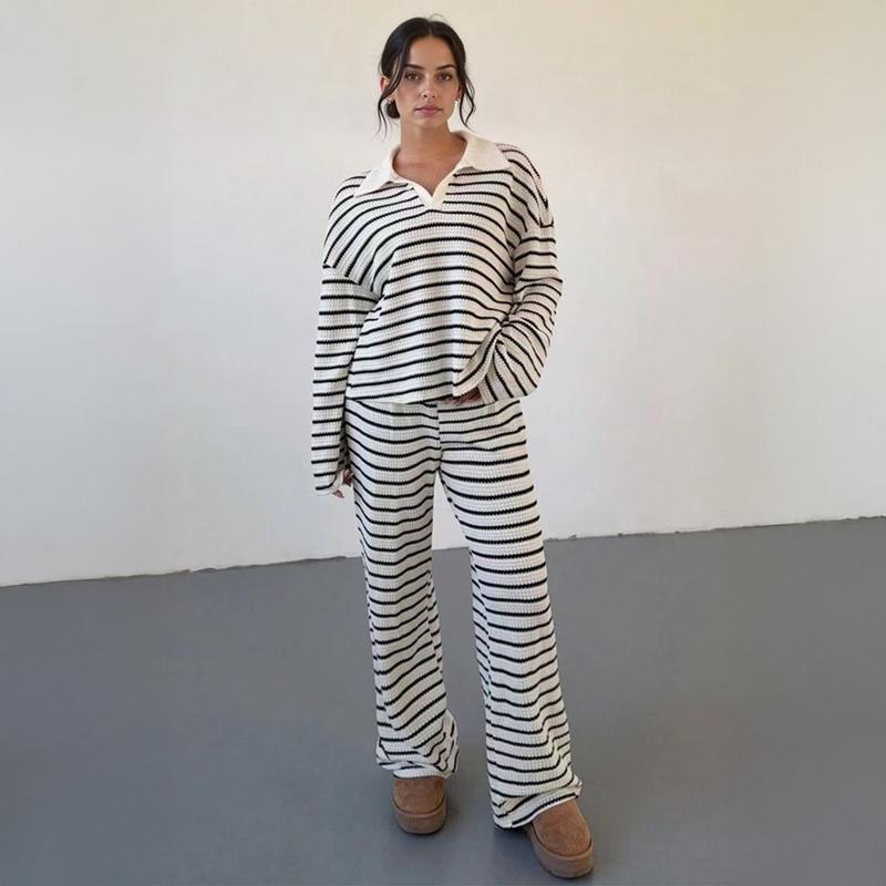 🔥5 PACK ONLY $24 Women's Casual Color-Block Striped Long-Sleeve Top and Wide-Leg Pants Set