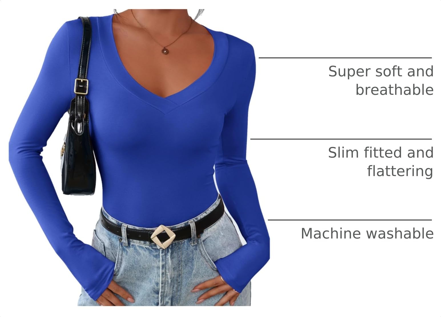 Women's V Neck Long Sleeve Shirts,Blue,X-S