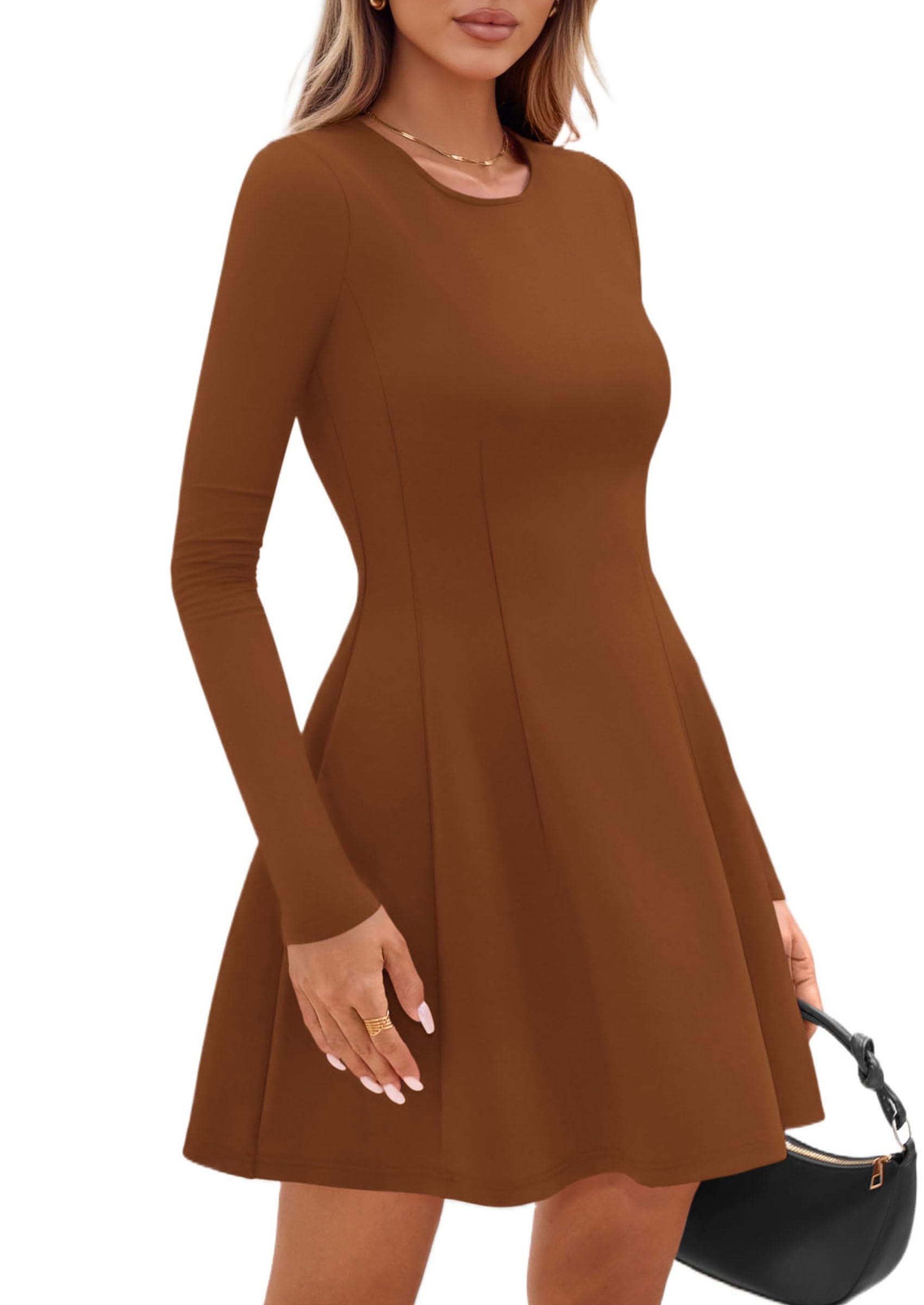 Womens Long Sleeve Pleated Mini Dress,Caramel,XS