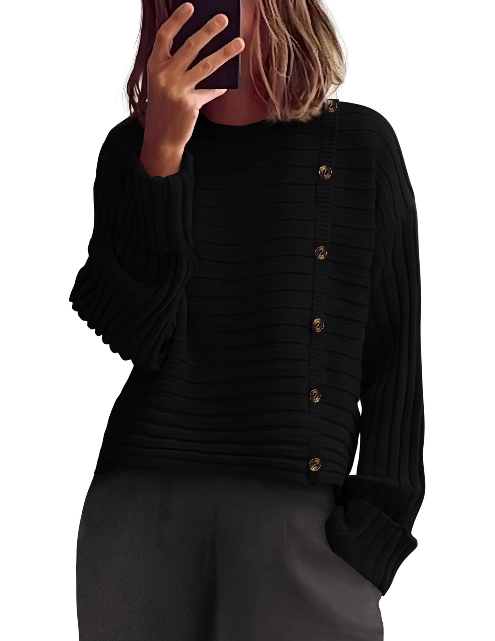 Womens Asymmetric Button Long Sleeve Sweater,Black,S