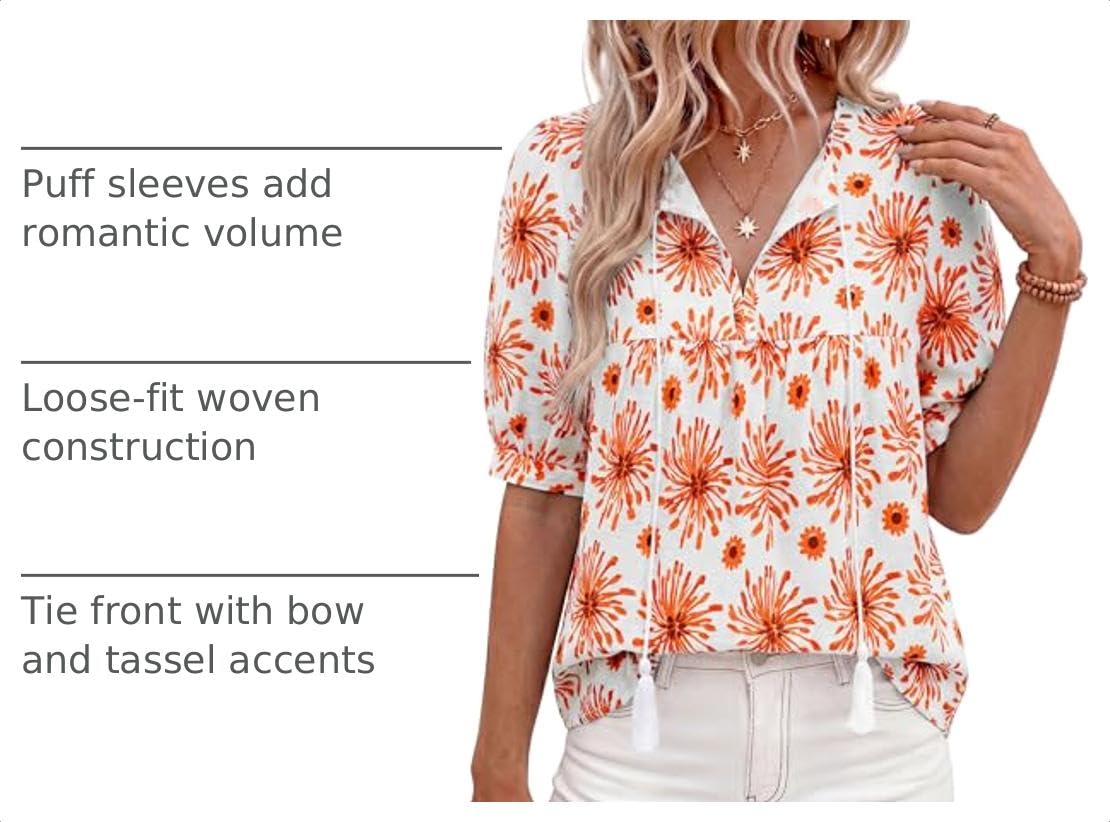 Womens Summer Boho Blouses Dressy Casual Floral White Orange,S