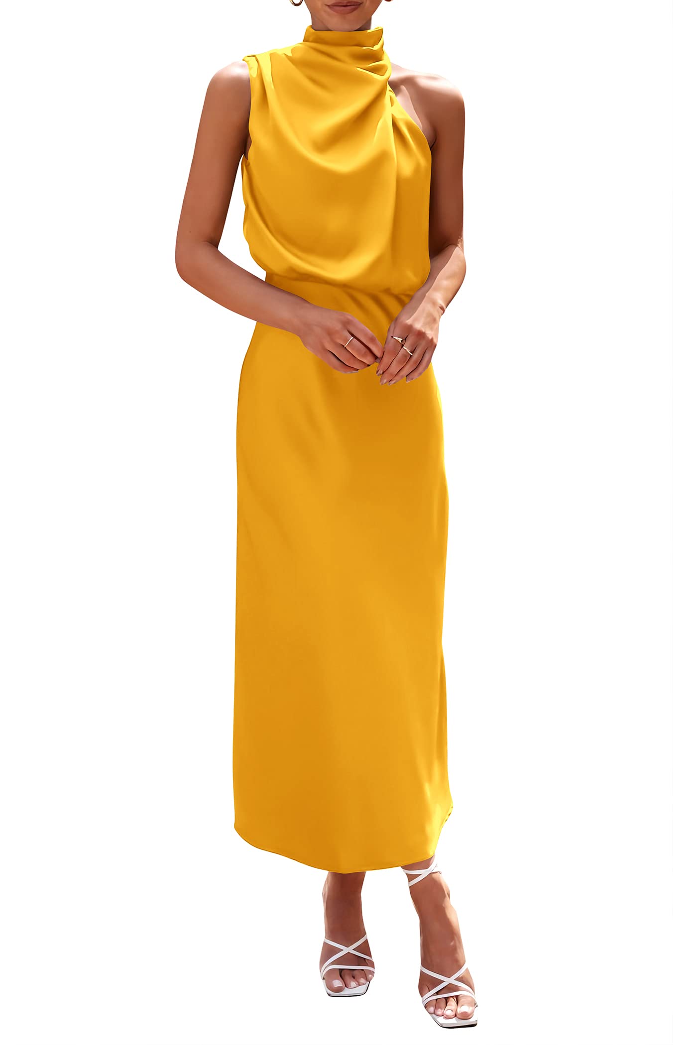 Women's Summer Satin Maxi Cocktail Dress Yellow