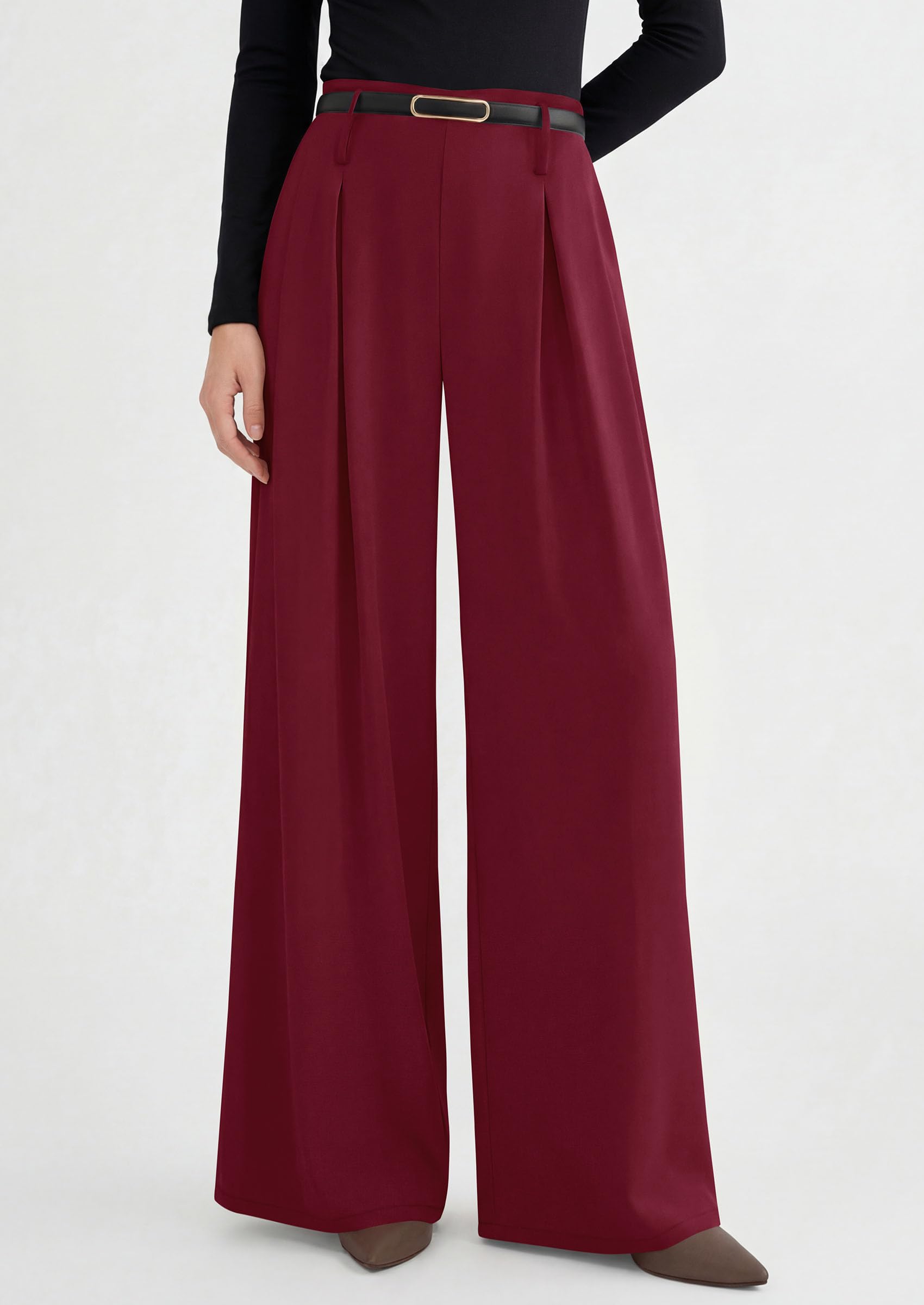 Womens Wide Leg Dress Pants Flowy Trousers,Wine Red,S
