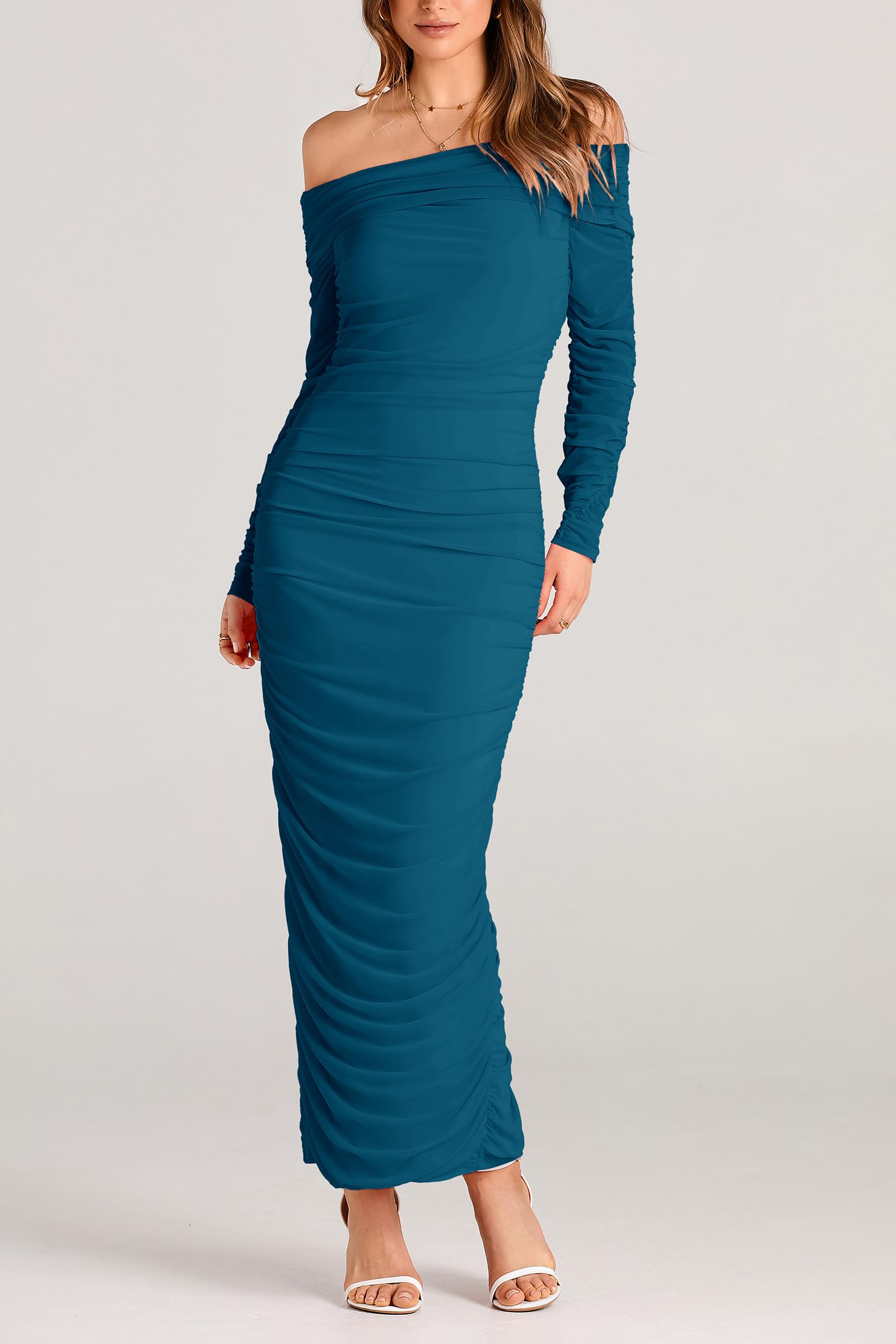 Women's Off the Shoulder Maxi Bodycon Dress, Lake Blue,S