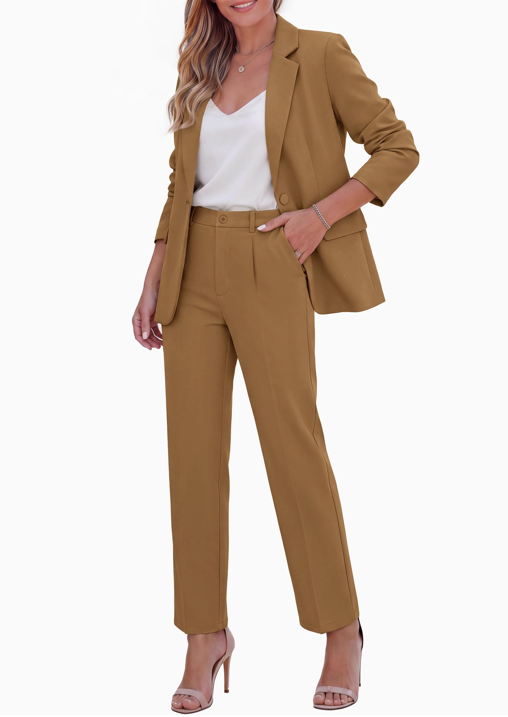 Two Piece Sets for Women Dressy Pant Suits,Light Brown,S