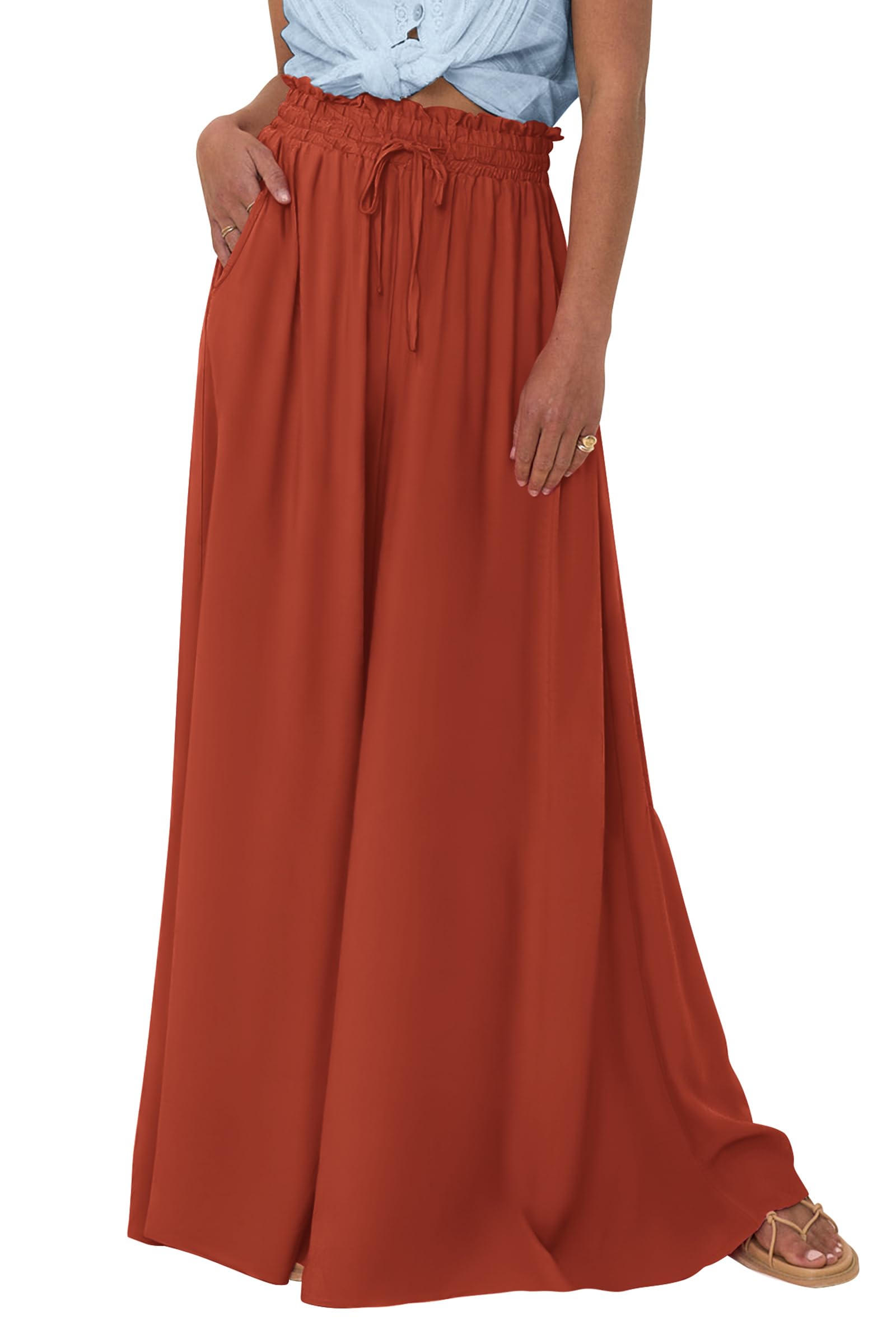 Summer Wide Leg Palazzo Pants for Women Casual,Brick Red,S