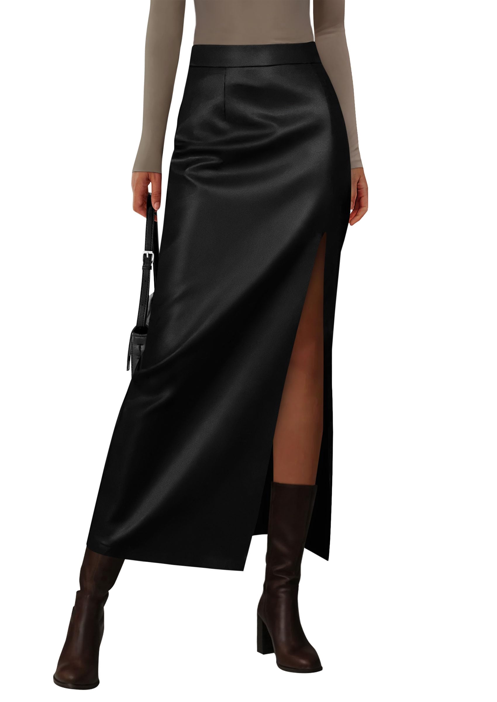 Women's Faux Leather Long Pencil Skirt,Black,XS