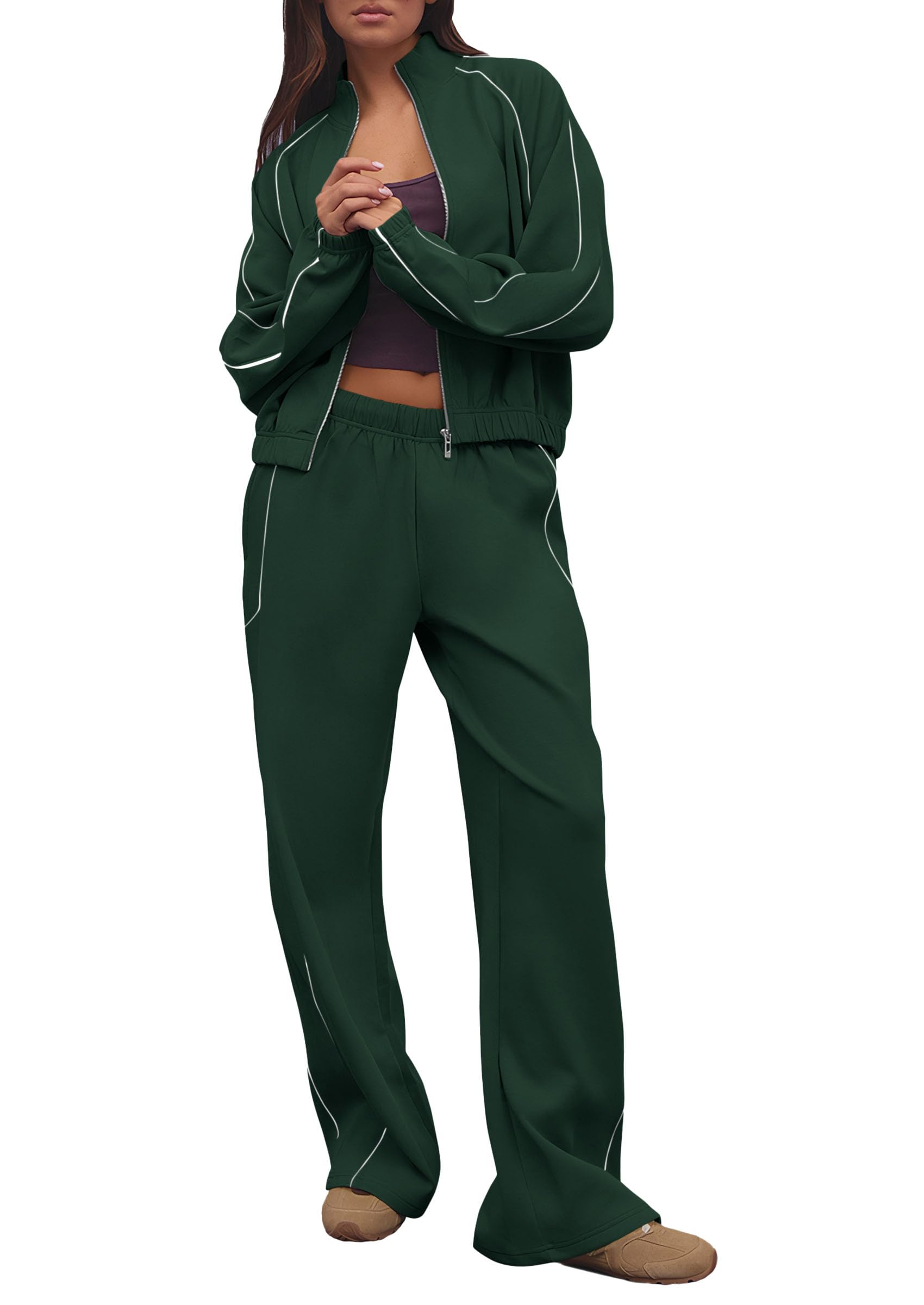 Women's 2 Piece Sweat Set Casual Fall Outfits,Dark Green,S