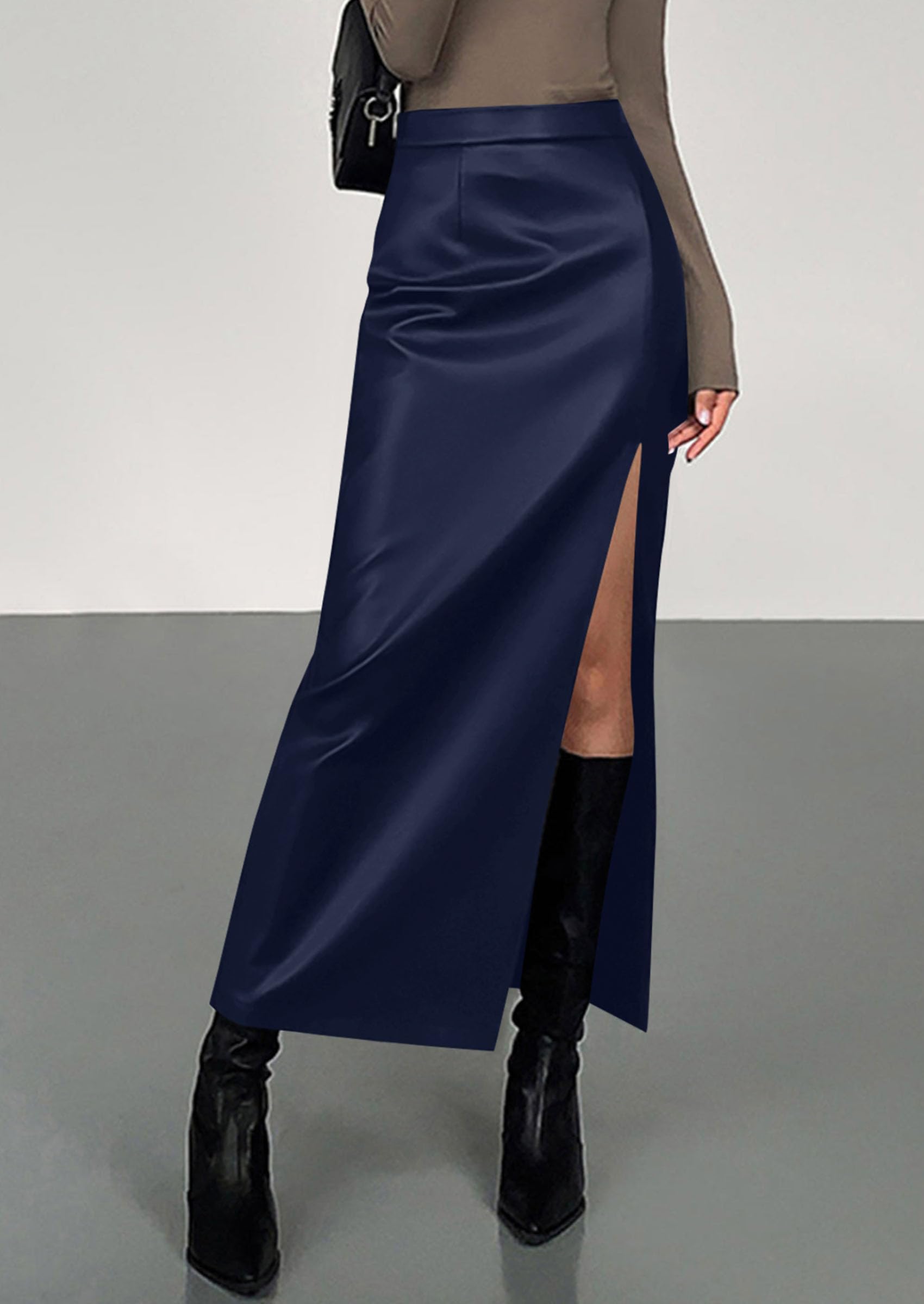 Women's Faux Leather Long Pencil Skirt,Navy Blue,XS