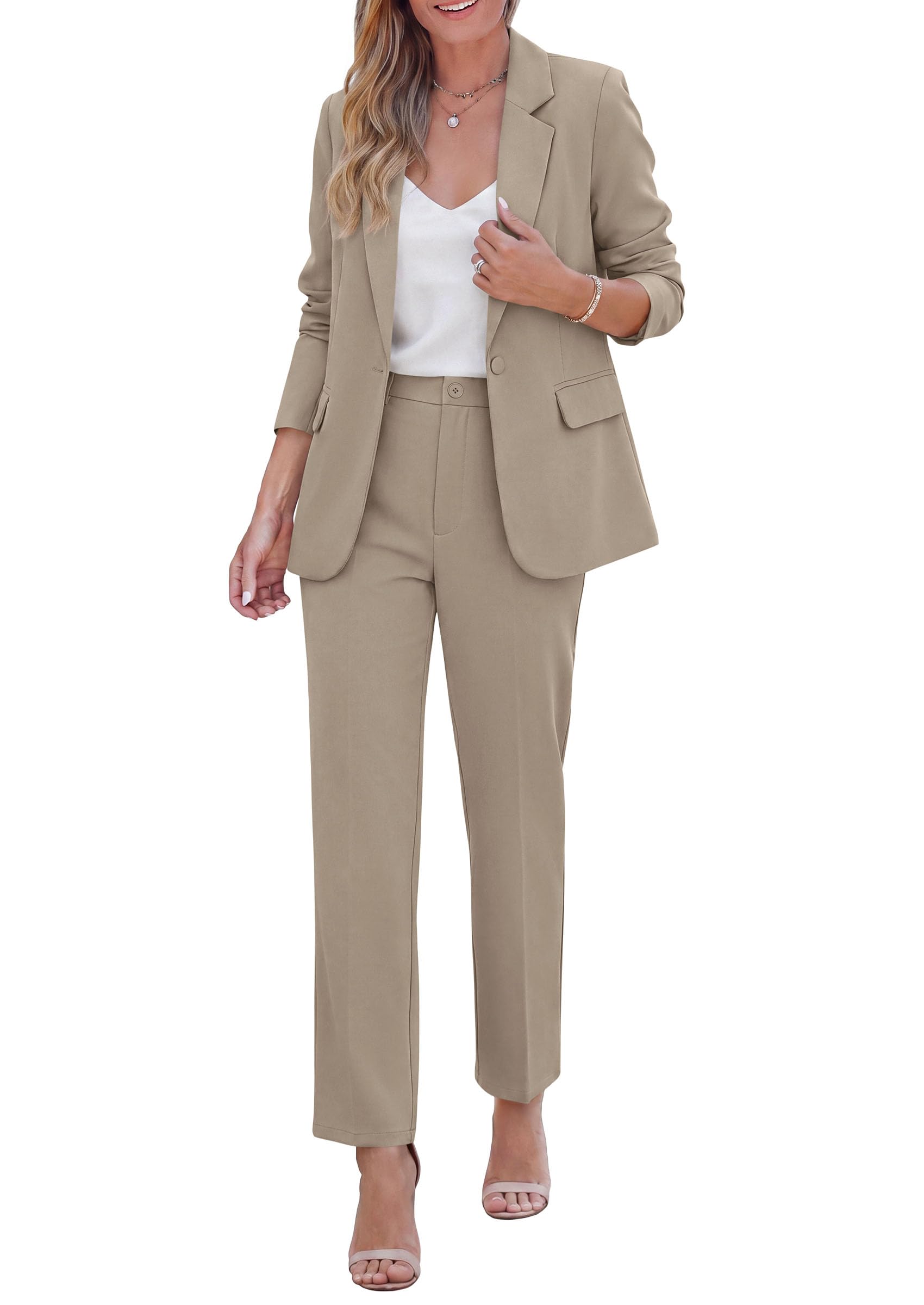 Two Piece Sets for Women Dressy Pant Suits,Khaki,XS