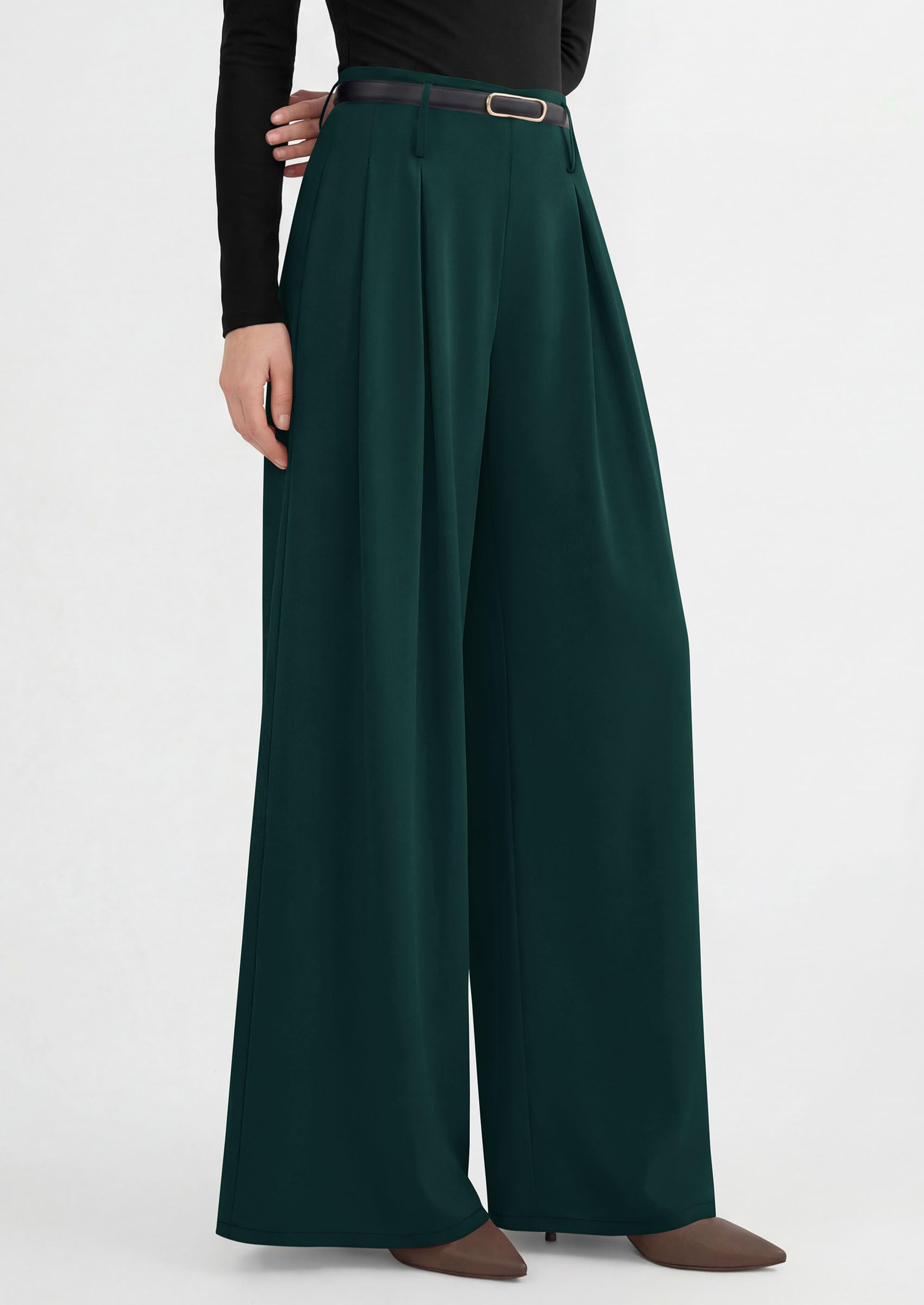 Womens Wide Leg Dress Pants Flowy Trousers,Dark Green,S