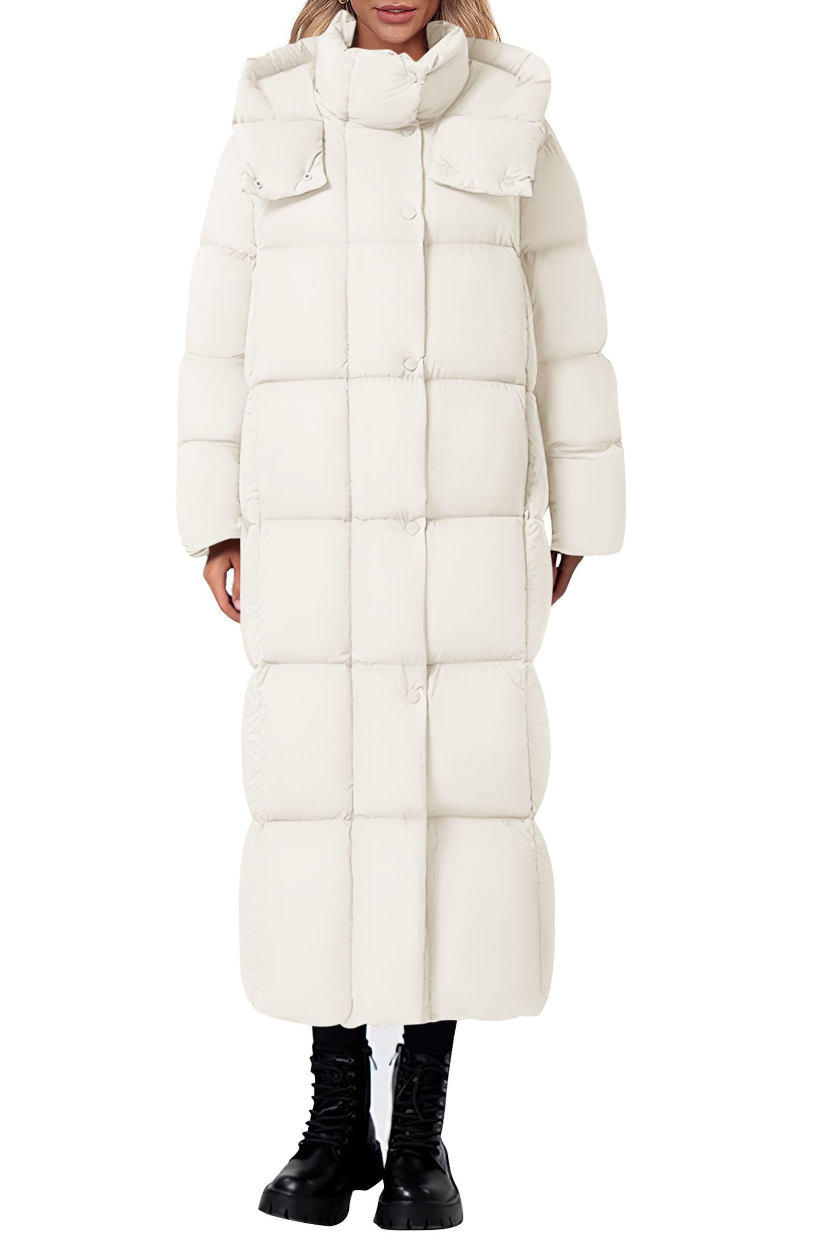 Women's Winter Long Puffer Coats Hooded Zip Up Casual Thickened Down Jackets Trendy Warm Clothes Outerwear (Beige,Medium)