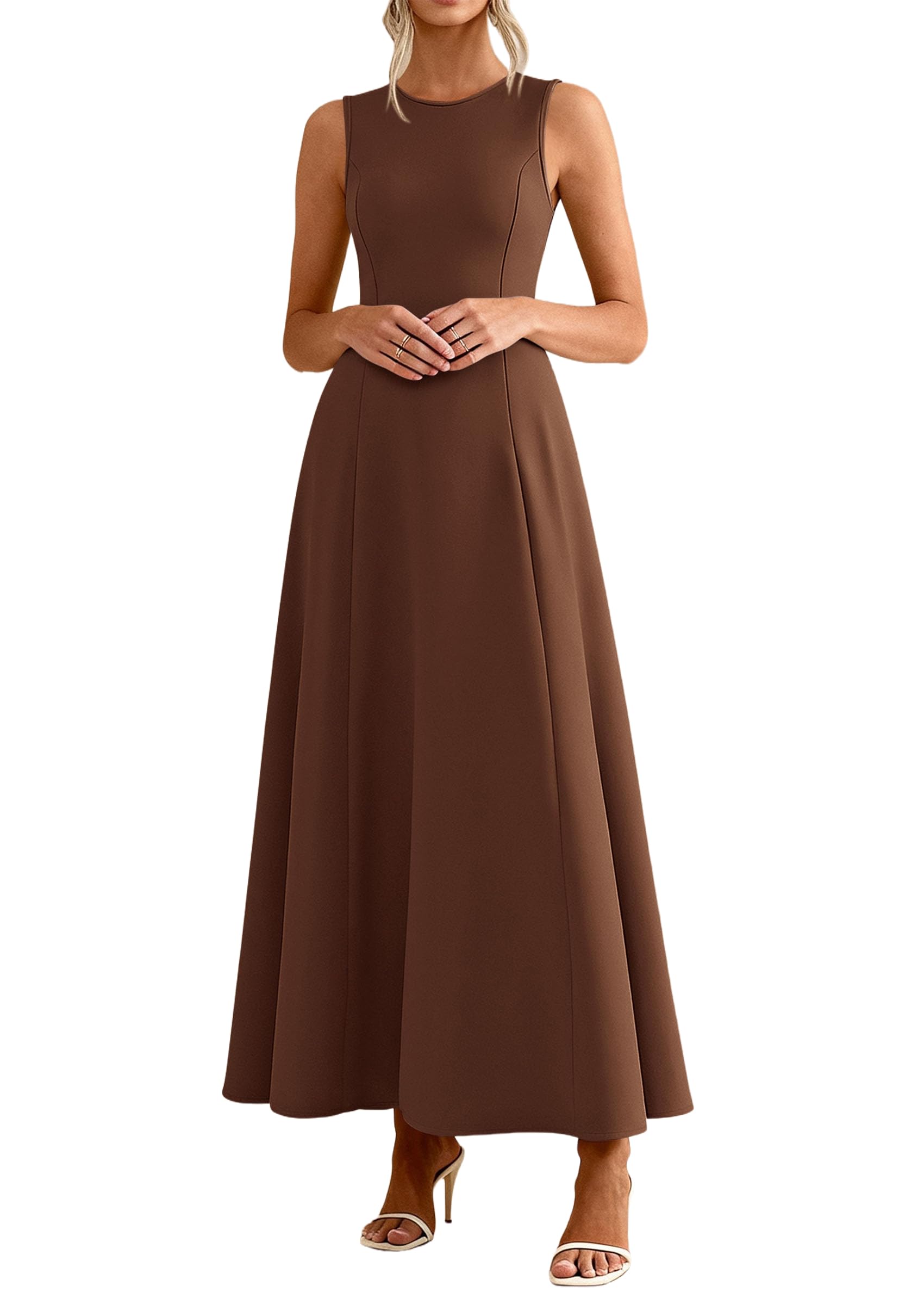 Women's Sleeveless Summer Elegant Maxi Dresses, Brown,S