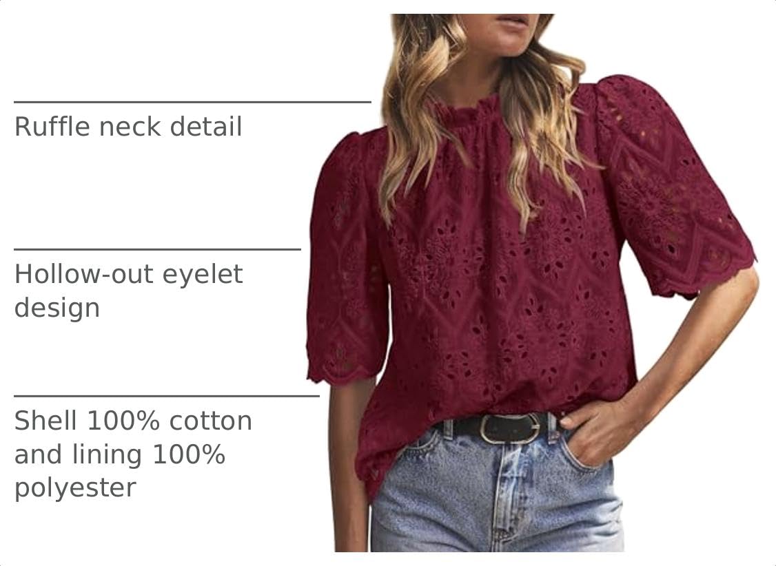 Women Summer Tops Eyelet Embroidered Shirts,Wine Red,XS