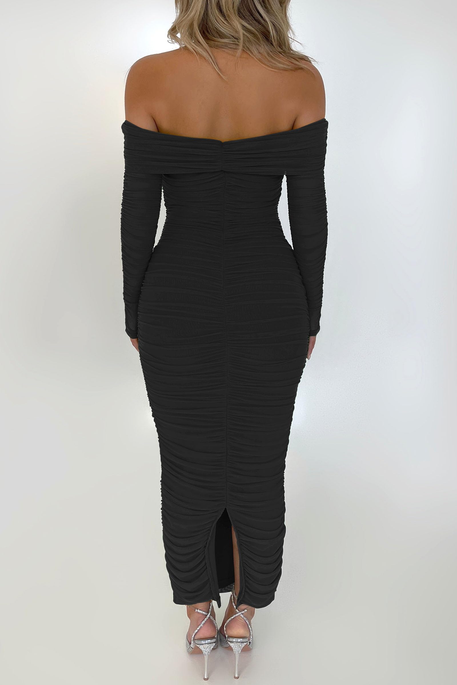 Women's Off the Shoulder Maxi Bodycon Dress, Black,S