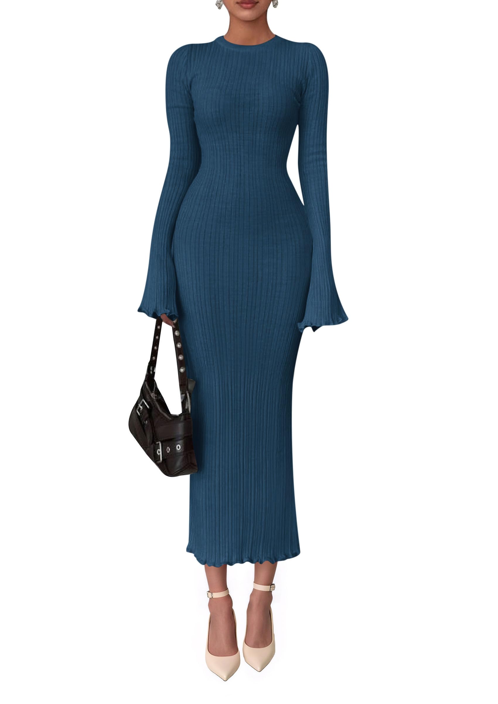 Women's Sweater Dress Long Sleeve Maxi Dresses,Dark Blue,S